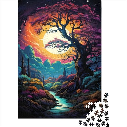 Buntes psychedelisches Baum-Magie-Landschafts-Puzzle, schwierige Herausforderung, 100 Prozent recycelter Karton, Puzzle, 1000 Teile (75 x 50 cm) von QBIREX