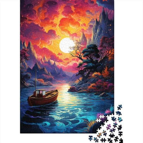 Buntes psychedelisches Boot auf dem Meer-Puzzle, Premium-Puzzle aus 100% recyceltem Kartonpapier, rechteckig, für Erwachsene und Teenager, einzigartiges Geschenk, 1000 Teile (75 x 50 cm) von QBIREX
