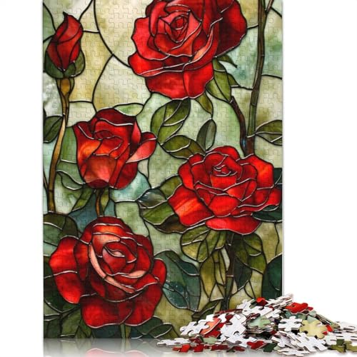 Buntglas-Puzzle, rote Rosen, 520 Teile für Jugendliche, Geschenke, Holzpuzzle für Erwachsene, lustige Puzzles mit der Familie, 520 Teile (52 x 38 cm) von QBIREX