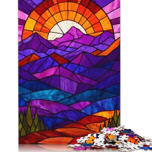 Buntglas-Puzzle mit Sonnenuntergang in den Bergen, DIY-Spiel, rechteckiges Papierpuzzle für Geburtstagsgeschenk für Jungen oder Mädchen, 1000 Teile (75 x 50 cm) von QBIREX