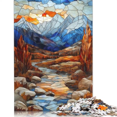 Buntglas-Puzzle mit Sonnenuntergang in den Bergen, Familienspaß, rechteckiges Papierpuzzle für Jungen oder Mädchen, Kindertagsgeschenke, 1000 Teile (75 x 50 cm) von QBIREX