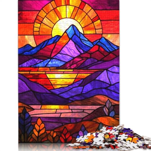 Buntglas-Puzzle mit Sonnenuntergang und Bergen, Familienspaß, rechteckiges Papierpuzzle für Kinder und Erwachsene ab 12 Jahren, Geburtstagsgeschenk, 1000 Teile (75 x 50 cm) von QBIREX
