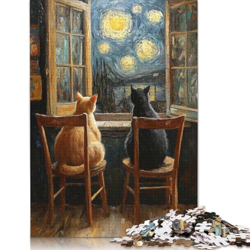 Cats Couple Watching Starry Night Puzzle 1000-teilige Schwer Puzzle Spielzeug Lernspiel Impossible Herausforderungsspielzeug Für Erwachsene Und Kinder Ab 14 Jahren 1000pcs (75x50cm) von QBIREX