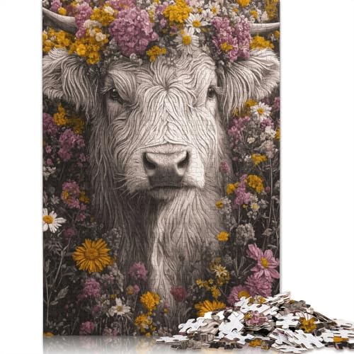 Cow in Flowers Puzzle 1000 Teile Schwer Puzzle Spielzeug Lernspiel Impossible Herausforderung Spielzeug Für Erwachsene Und Kinder in Bewährter 1000pcs (75x50cm) von QBIREX