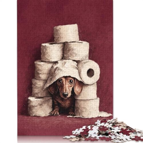 Dackel in Toilettenpapier-Fort. Dackel-Toilettenposter. Puzzle aus Pappe, 100% recycelter Pappe, Puzzle, 1000 Teile (38 x 26 cm) von QBIREX