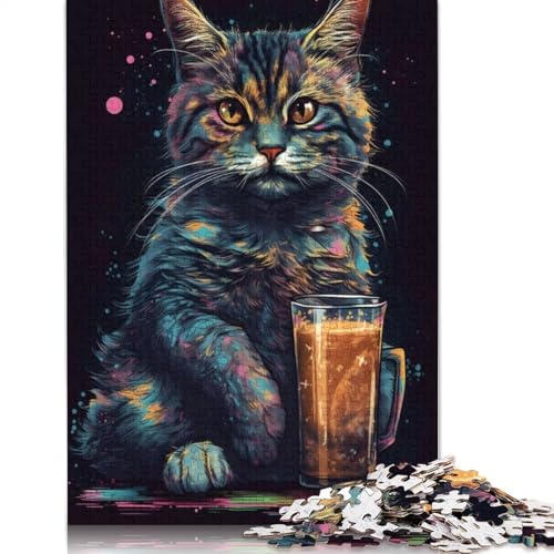 Das Asheera Cat Coffee Puzzle, rechteckiges Holzbrett-Puzzle, Geschenk für Kinder ab 12 Jahren, 520 Teile (52 x 38 cm) von QBIREX