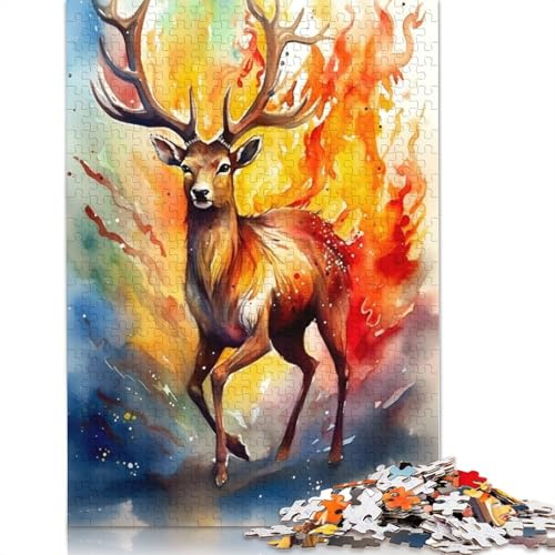Deer Fire Watercolors Puzzle für Erwachsene, Lernspiel, Puzzle-Geschenke für Kinder ab 12 Jahren, 520 Teile (52 x 38 cm) von QBIREX