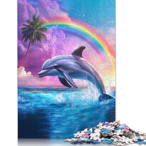 Delphin-Spring-Regenbogen-Puzzle, rechteckig, Pappe, 100% recycelter Karton, Puzzle für Erwachsene und Kinder, Tagesgeschenke, 1000 Teile (38 x 26 cm) von QBIREX
