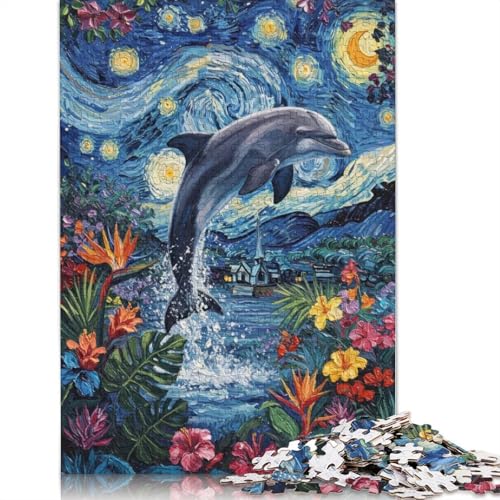 Delphin in der Sternennacht, Blumenszene, Puzzle, Lernspiele, Familienaktivitäten, Premium-Puzzle aus Karton, 1000 Teile (38 x 26 cm) von QBIREX