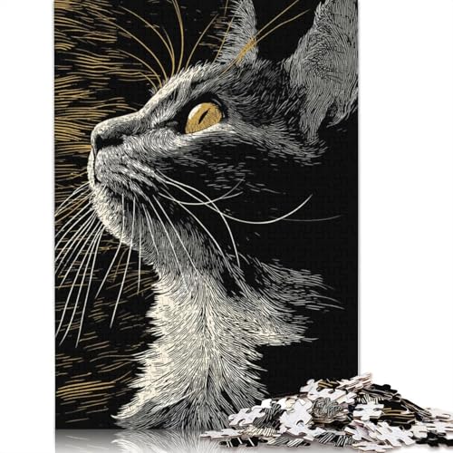 Elegantes Katzenporträt im Scratchboard-Stil, 1000-teiliges Puzzle für Erwachsene und Teenager, Teenager, Mann, Frau, Geschenk, 1000 Teile (38 x 26 cm) von QBIREX