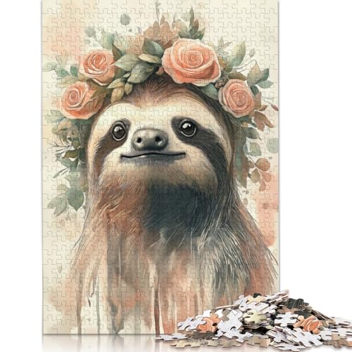 Faultier mit Blumenkronen-Puzzle, 100% recycelter Karton, 100% recycelter Karton, Puzzle für Jungen oder Mädchen, Geschenk, 1000 Teile (38 x 26 cm) von QBIREX