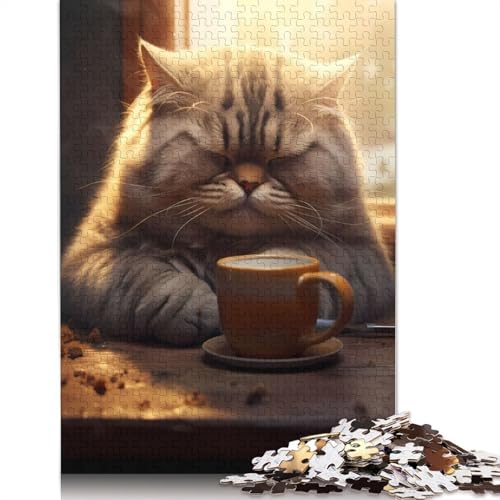 Fette Katze, Kaffee, Tier-Haustier-Puzzle für Erwachsene, Lernspiel, Puzzle, Geschenke für Kinder ab 12 Jahren, 520 Teile (52 x 38 cm) von QBIREX