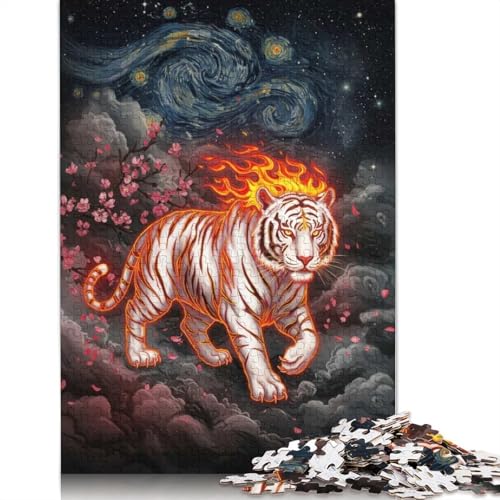Feuriger Tiger unter der Sternennacht, Puzzle, 100% recyceltes Kartonpapier, rechteckiges Puzzle für Erwachsene und Kinder, 1000 Teile (38 x 26 cm) von QBIREX