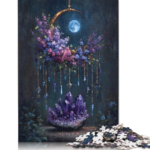 Floraler Halbmond mit Amethystkristallen, Papierpuzzle, 1000 Teile, Puzzle für Erwachsene, Lernspiel, Herausforderungsspielzeug, (75 x 50 cm) von QBIREX