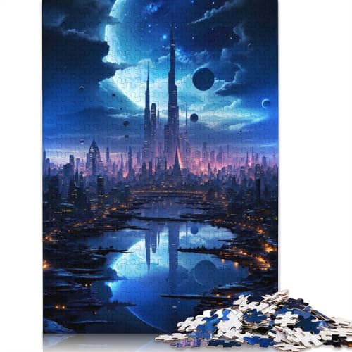 Futuristische Stadt, Mondnacht, Puzzle 1000 Teile für Erwachsene, Holzpuzzle, Gehirntraining, Herausforderung, Spiel, Unterhaltung, Geschenke, Familienaktivität (38 x 26 cm) von QBIREX