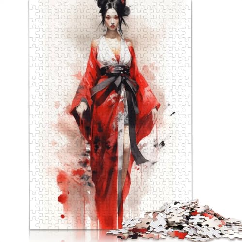 Geisha in Rot, Puzzle, Dekompressionsspielzeug, rechteckiges Papierpuzzle für Kinder und Erwachsene ab 12 Jahren, 1000 Teile (26 x 38 cm) von QBIREX