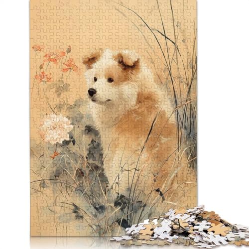 Gemälde eines Hundes auf Einer Wiese, Puzzle 1000 Teile, Papierpuzzle für Erwachsene und Teenager, Familienspiel, 1000 Teile (38 x 26 cm) von QBIREX