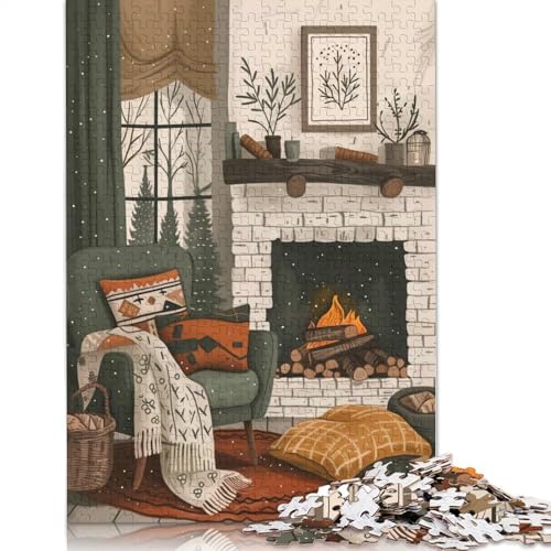 Gemütliches Kaminzimmer-Puzzle, Denksportaufgabe, rechteckiges Papierpuzzle für Erwachsene und Teenager, 1000 Teile (75 x 50 cm) von QBIREX