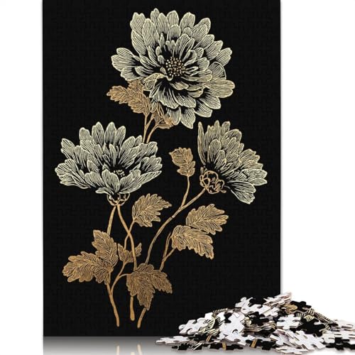 Goldene Blumenillustration auf schwarzem Hintergrund, 1000-teiliges Puzzle, Papierpuzzle für Teenager, lustiges Puzzle, 1000 Teile (38 x 26 cm) von QBIREX