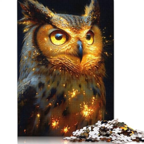 Goldene Eule mit Funken, Tierpuzzle, Denksportaufgabe, rechteckiges Papierpuzzle für Erwachsene und Teenager, 1000 Teile (26 x 38 cm) von QBIREX