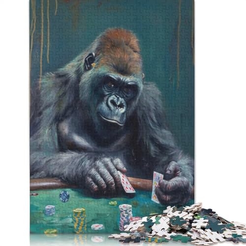 Gorilla spielt Pokerspiel-Puzzle, DIY-Spiel, Premium-Karton-Puzzle für Frauen und Männer, 1000 Teile (38 x 26 cm) von QBIREX