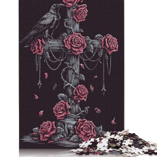 Gothic Raven and Roses Crossre Puzzle, schwierige Herausforderung, 100 Prozent recycelter Karton, Puzzle für Frauen und Männer, Muttertagsgeschenke, 1000 Teile (38 x 26 cm) von QBIREX