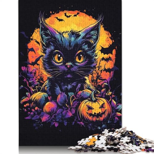 Halloween-Katze mit Kürbissen und Fledermäusen, Puzzle, Familienspaß, rechteckiges Papierpuzzle für Jungen oder Mädchen, 1000 Teile (38 x 26 cm) von QBIREX
