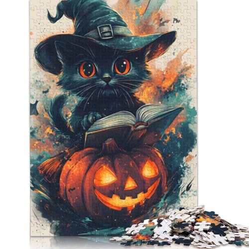 Halloween-Puzzle mit Hexe und schwarzer Katze, einzigartige Heimdekoration, 100% recycelter Karton, Puzzle für Erwachsene, 1000 Teile (38 x 26 cm) von QBIREX