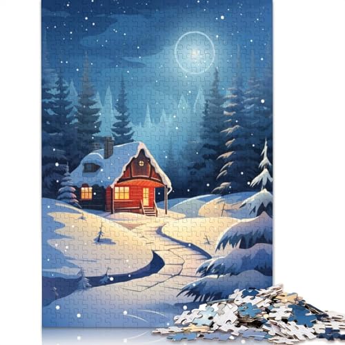 Hütte im Winter bei Nacht, Puzzle, präzises, ineinander greifendes, rechteckiges Papierpuzzle für Jungen oder Mädchen, 1000 Teile (26 x 38 cm) von QBIREX