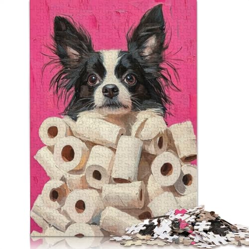 Hund mit Toilettenpapiermalerei, Papillon-Hundetoilettenkunst-Puzzle, Dekompressionsspielzeug, Karton-Puzzle für Erwachsene, 1000 Teile (75 x 50 cm) von QBIREX