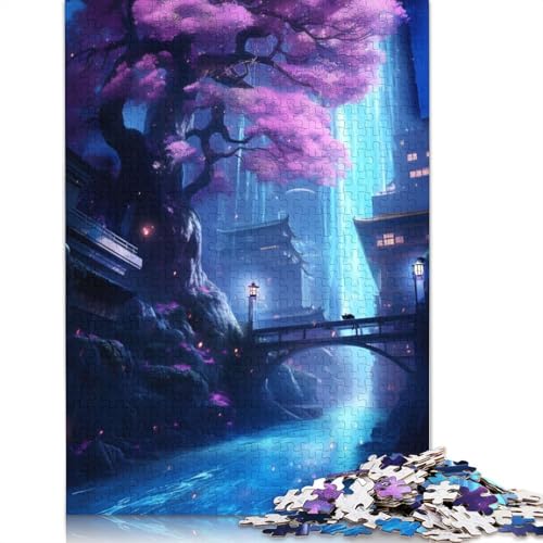 Japanisches Sakura-Neon-Art-Puzzle mit 1000 Teilen. Familienspaß-Puzzle für Erwachsene und herausforderndes Spiel, Spiele zum Stressabbau und einzigartige Geschenke (75 x 50 cm) von QBIREX