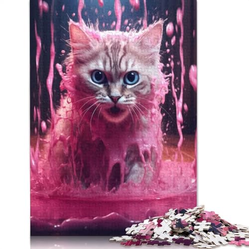 Kätzchen in rosa Flüssigkeit, Puzzle, Denksportaufgabe, 100% recycelter Karton, Puzzle für Damen und Herren, 1000 Teile (38 x 26 cm) von QBIREX