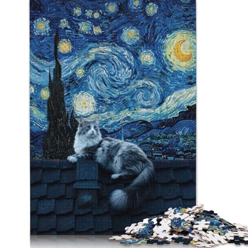 Katze auf dem Dach, Puzzle im Sternennacht-Stil, Pappe, 100% recycelter Karton, Puzzle für Erwachsene und Kinder, 1000 Teile (38 x 26 cm) von QBIREX