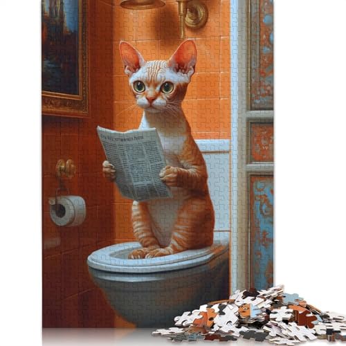 Katze liest auf der Toilette, lustiges Puzzle, Lernspiele, Familienaktivitäten, Premium-Karton-Puzzle für Frauen und Männer, 1000 Teile (75 x 50 cm) von QBIREX