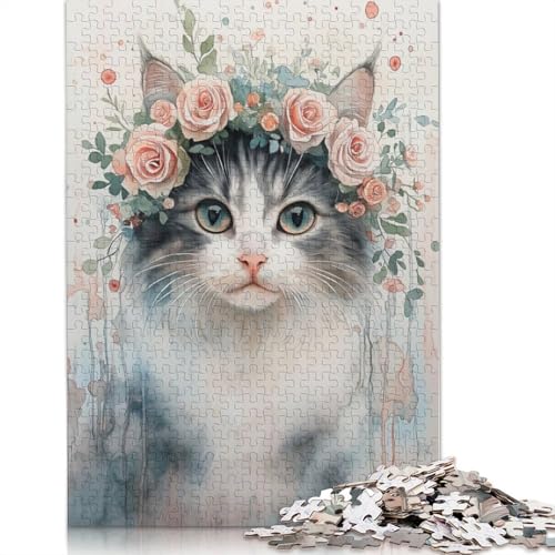 Katze mit Blumenkrone, Puzzle, DIY-Spiel, rechteckiges Papierpuzzle für Jungen oder Mädchen, Geburtstagsgeschenk, 1000 Teile (75 x 50 cm) von QBIREX