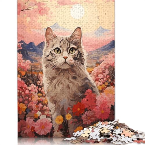 Katzen-Kirschblüten-Japan-Puzzle, 100% recyceltes Kartonpapier, rechteckiges Puzzle für Erwachsene und Kinder, 1000 Teile (26 x 38 cm) von QBIREX