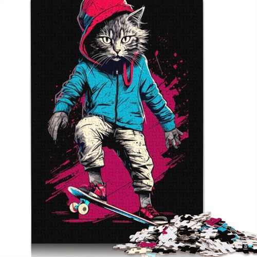 Katzen-Skateboard-Puzzle, einzigartige Heimdekoration, 100% recycelter Karton, Puzzle für Erwachsene und Kinder, Tagesgeschenke, 1000 Teile (75 x 50 cm) von QBIREX