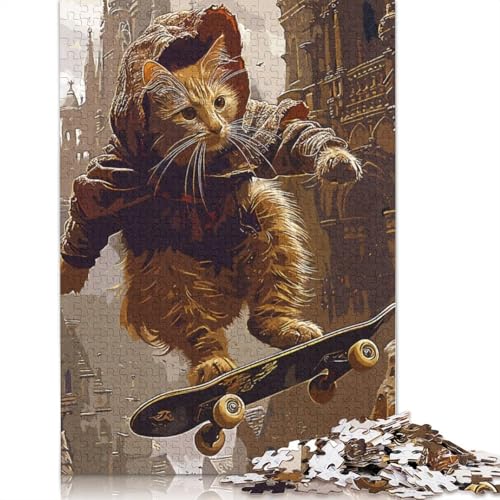 Katzen-Skateboard-Puzzle, herausfordernd und knifflig, Premium-Karton-Puzzle für Erwachsene und Teenager, 1000 Teile (75 x 50 cm) von QBIREX