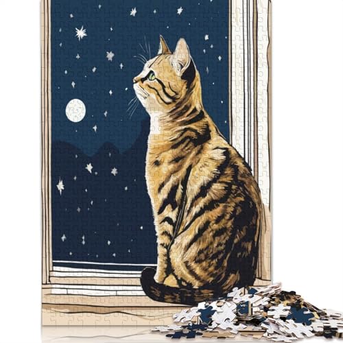 Katzenpuzzle mit Sternennacht, 1000 Teile, für Jugendliche, Geschenk aus Holz, Puzzle für Erwachsene, Familienpuzzle, 1000 Teile (75 x 50 cm) von QBIREX