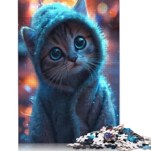 Kawaii-Katze im blauen Onesie-Puzzle, präzises, ineinandergreifendes Papier, rechteckiges Puzzle für Erwachsene und Kinder, einzigartiges Geschenk, 1000 Teile (75 x 50 cm) von QBIREX