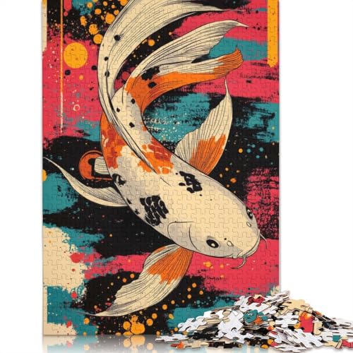 Koi-Fisch, abstrakte Kunst, weißes Koi-Fisch-Poster, Puzzle, Dekompressionsspielzeug, rechteckiges Papierpuzzle für Kinder, 1000 Teile (38 x 26 cm) von QBIREX