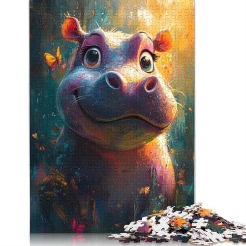 Lächelndes Nilpferd mit Schmetterlingen, Puzzle, Lernspiele, Familienaktivitäten, Premium-Karton-Puzzle für Frauen und Männer, 1000 Teile (26 x 38 cm) von QBIREX