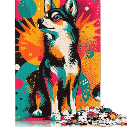 Lebendiger Husky, Pop-Art, auffälliger moderner Hundedruck, buntes Hundeporträt-Puzzle, Premium-Papppapier-Puzzle für Erwachsene, einzigartiges Geschenk, 1000 Teile (38 x 26 cm) von QBIREX