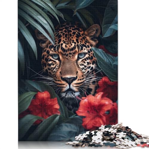 Leopard im Dschungel, rote Blumen, Puzzle, rechteckig, Pappe, 100% recycelter Karton, Puzzle für Erwachsene, Kindertagsgeschenke, 1000 Teile (26 x 38 cm) von QBIREX