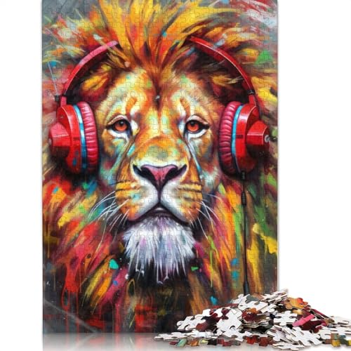 Löwe mit Kopfhörer-Puzzle, einzigartige Heimdekoration, Premium-Karton-Puzzle für Erwachsene und Teenager, einzigartiges Geschenk, 1000 Teile (75 x 50 cm) von QBIREX