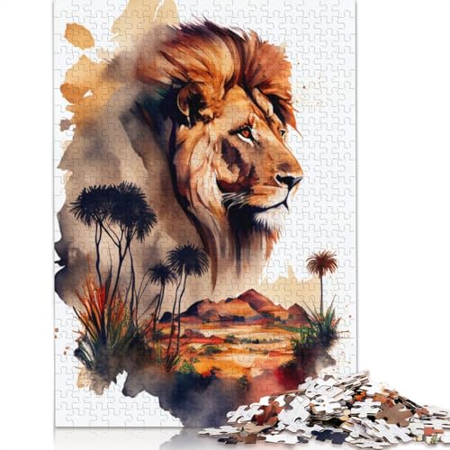 Löwenkopf über Landschaftspuzzle, Familienspaß, rechteckiges Papierpuzzle für Kinder und Erwachsene ab 12 Jahren, Geburtstagsgeschenk, 1000 Teile (75 x 50 cm) von QBIREX