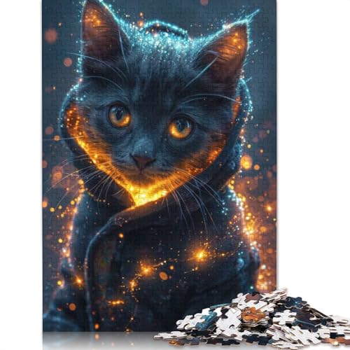 Magisches, graues Katzen-Leuchtpuzzle, rechteckig, aus Pappe, 100% recyceltem Karton, Puzzle für Erwachsene und Kinder, 1000 Teile (75 x 50 cm) von QBIREX