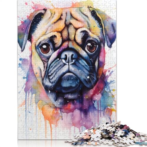 Mops-Hund-Aquarell-Puzzle, Dekompressionsspielzeug, 100 Prozent recycelter Karton, Puzzle für Erwachsene, Teenager, Vatertagsgeschenke, 1000 Teile (75 x 50 cm) von QBIREX