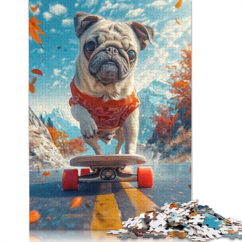 Mops-Skateboard-Puzzle, lustiges Puzzle aus hochwertigem Karton für Jungen oder Mädchen, 1000 Teile (75 x 50 cm) von QBIREX