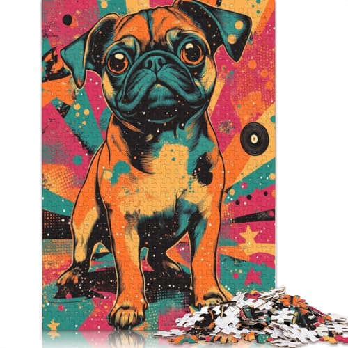 Mops im Retro-Stil, charmanter Mops in künstlerischer Stimmung, Puzzle, Familienspaß, rechteckiges Papierpuzzle für Jungen oder Mädchen, 1000 Teile (38 x 26 cm) von QBIREX